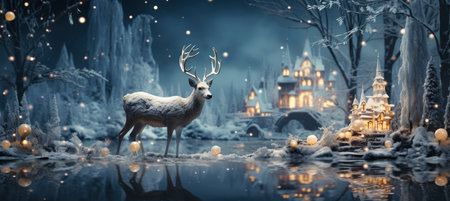 Christmas winter landscape with snow drifts, mountain village, forest, pines, reindeer. Holiday nature background with fox, hills, housesの素材