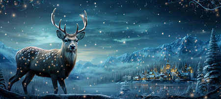Christmas winter landscape with snow drifts, mountain village, forest, pines, reindeer. Holiday nature background with fox, hills, housesの素材