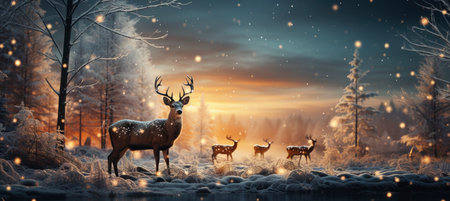 Christmas winter landscape with snow drifts, mountain village, forest, pines, reindeer. Holiday nature background with fox, hills, housesの素材