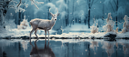 Christmas winter landscape with snow drifts, mountain village, forest, pines, reindeer. Holiday nature background with fox, hills, housesの素材