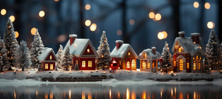 Christmas winter landscape with snow drifts, mountain village, forest, pines, reindeer. Holiday nature background with fox, hills, housesの素材