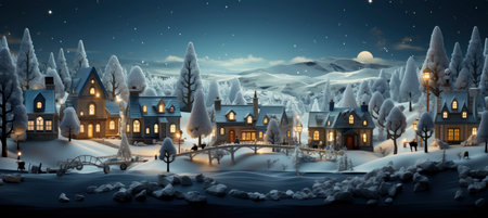 Christmas winter landscape with snow drifts, mountain village, forest, pines, reindeer. Holiday nature background with fox, hills, housesの素材