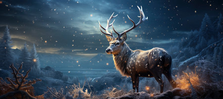 Christmas winter landscape with snow drifts, mountain village, forest, pines, reindeer. Holiday nature background with fox, hills, housesの素材