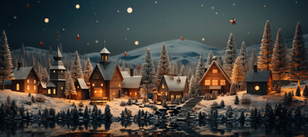 Christmas winter landscape with snow drifts, mountain village, forest, pines, reindeer. Holiday nature background with fox, hills, housesの素材
