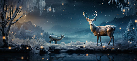 Christmas winter landscape with snow drifts, mountain village, forest, pines, reindeer. Holiday nature background with fox, hills, housesの素材
