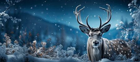Christmas winter landscape with snow drifts, mountain village, forest, pines, reindeer. Holiday nature background with fox, hills, housesの素材