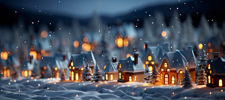 Christmas winter landscape with snow drifts, mountain village, forest, pines, reindeer. Holiday nature background with fox, hills, housesの素材