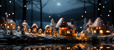 Christmas winter landscape with snow drifts, mountain village, forest, pines, reindeer. Holiday nature background with fox, hills, housesの素材