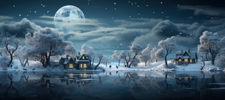 Christmas winter landscape with snow drifts, mountain village, forest, pines, reindeer. Holiday nature background with fox, hills, housesの素材