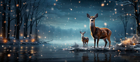 Christmas winter landscape with snow drifts, mountain village, forest, pines, reindeer. Holiday nature background with fox, hills, housesの素材