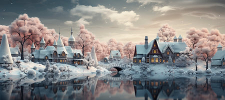 Christmas winter landscape with snow drifts, mountain village, forest, pines, reindeer. Holiday nature background with fox, hills, housesの素材