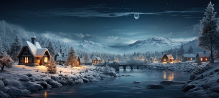 Christmas winter landscape with snow drifts, mountain village, forest, pines, reindeer. Holiday nature background with fox, hills, housesの素材