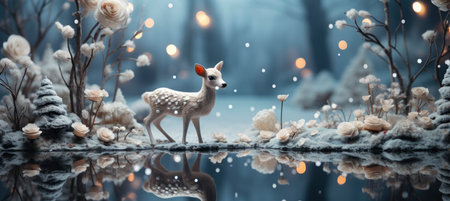 Festive snowy scene featuring snow-covered hills, a mountainous village, deer, woodland, pine trees, and reindeer. Seasonal natural backdrop with fox, elevations, and dwellingsの素材