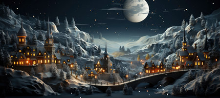 Festive snowy scene featuring snow-covered hills, a mountainous village, deer, woodland, pine trees, and reindeer. Seasonal natural backdrop with fox, elevations, and dwellingsの素材
