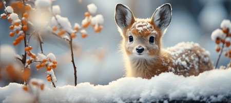 Festive snowy scene featuring snow-covered hills, a mountainous village, deer, woodland, pine trees, and reindeer. Seasonal natural backdrop with fox, elevations, and dwellingsの素材