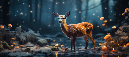 Festive snowy scene featuring snow-covered hills, a mountainous village, deer, woodland, pine trees, and reindeer. Seasonal natural backdrop with fox, elevations, and dwellingsの素材