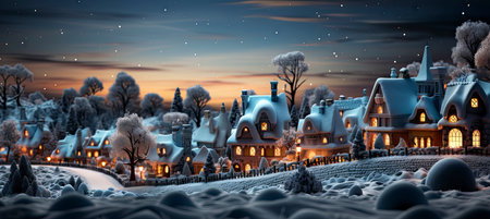 Festive snowy scene featuring snow-covered hills, a mountainous village, deer, woodland, pine trees, and reindeer. Seasonal natural backdrop with fox, elevations, and dwellingsの素材