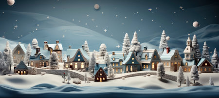 Festive snowy scene featuring snow-covered hills, a mountainous village, deer, woodland, pine trees, and reindeer. Seasonal natural backdrop with fox, elevations, and dwellingsの素材