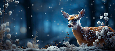 Festive snowy scene featuring snow-covered hills, a mountainous village, deer, woodland, pine trees, and reindeer. Seasonal natural backdrop with fox, elevations, and dwellingsの素材