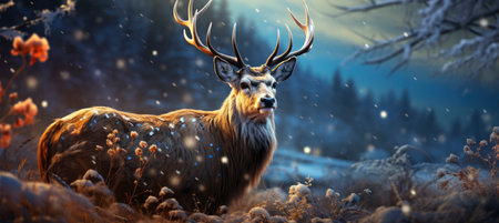 Festive snowy scene featuring snow-covered hills, a mountainous village, deer, woodland, pine trees, and reindeer. Seasonal natural backdrop with fox, elevations, and dwellingsの素材