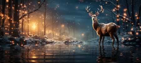 Festive snowy scene featuring snow-covered hills, a mountainous village, deer, woodland, pine trees, and reindeer. Seasonal natural backdrop with fox, elevations, and dwellingsの素材