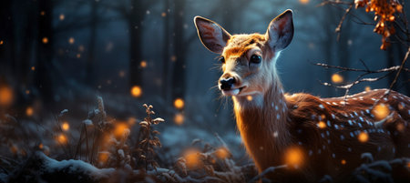 Festive snowy scene featuring snow-covered hills, a mountainous village, deer, woodland, pine trees, and reindeer. Seasonal natural backdrop with fox, elevations, and dwellingsの素材