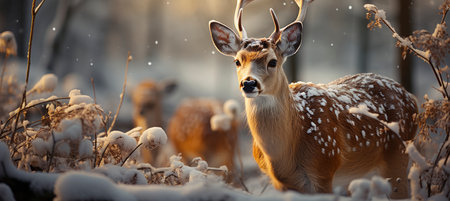 Festive snowy scene featuring snow-covered hills, a mountainous village, deer, woodland, pine trees, and reindeer. Seasonal natural backdrop with fox, elevations, and dwellingsの素材