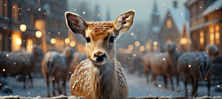 Festive snowy scene featuring snow-covered hills, a mountainous village, deer, woodland, pine trees, and reindeer. Seasonal natural backdrop with fox, elevations, and dwellingsの素材