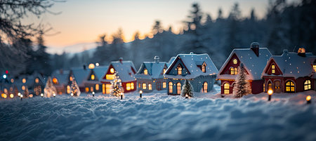 Festive snowy scene featuring snow-covered hills, a mountainous village, deer, woodland, pine trees, and reindeer. Seasonal natural backdrop with fox, elevations, and dwellingsの素材