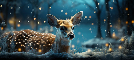 Festive snowy scene featuring snow-covered hills, a mountainous village, deer, woodland, pine trees, and reindeer. Seasonal natural backdrop with fox, elevations, and dwellingsの素材