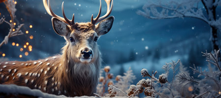 Festive snowy scene featuring snow-covered hills, a mountainous village, deer, woodland, pine trees, and reindeer. Seasonal natural backdrop with fox, elevations, and dwellingsの素材