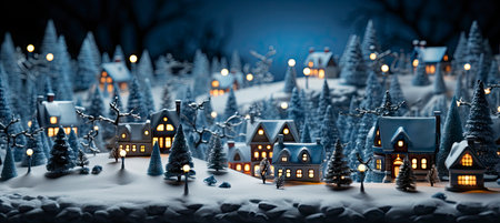 Festive snowy scene featuring snow-covered hills, a mountainous village, deer, woodland, pine trees, and reindeer. Seasonal natural backdrop with fox, elevations, and dwellingsの素材