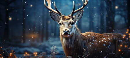 Festive snowy scene featuring snow-covered hills, a mountainous village, deer, woodland, pine trees, and reindeer. Seasonal natural backdrop with fox, elevations, and dwellingsの素材