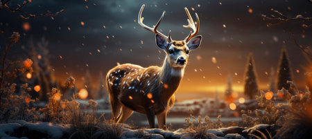 Festive snowy scene featuring snow-covered hills, a mountainous village, deer, woodland, pine trees, and reindeer. Seasonal natural backdrop with fox, elevations, and dwellingsの素材