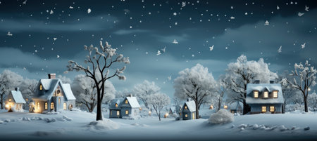 Festive snowy scene featuring snow-covered hills, a mountainous village, deer, woodland, pine trees, and reindeer. Seasonal natural backdrop with fox, elevations, and dwellingsの素材