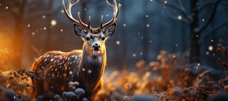 Festive snowy scene featuring snow-covered hills, a mountainous village, deer, woodland, pine trees, and reindeer. Seasonal natural backdrop with fox, elevations, and dwellingsの素材