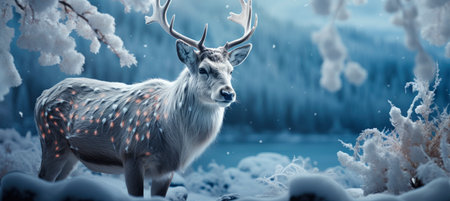 Festive snowy scene featuring snow-covered hills, a mountainous village, deer, woodland, pine trees, and reindeer. Seasonal natural backdrop with fox, elevations, and dwellingsの素材