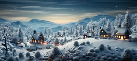 Festive snowy scene featuring snow-covered hills, a mountainous village, deer, woodland, pine trees, and reindeer. Seasonal natural backdrop with fox, elevations, and dwellingsの素材