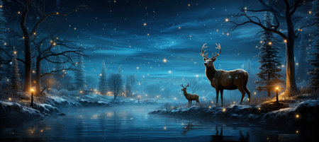 Festive snowy scene featuring snow-covered hills, a mountainous village, deer, woodland, pine trees, and reindeer. Seasonal natural backdrop with fox, elevations, and dwellingsの素材