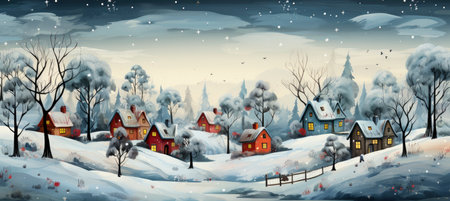 Festive snowy scene featuring snow-covered hills, a mountainous village, deer, woodland, pine trees, and reindeer. Seasonal natural backdrop with fox, elevations, and dwellingsの素材