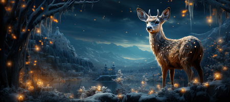 Festive snowy scene featuring snow-covered hills, a mountainous village, deer, woodland, pine trees, and reindeer. Seasonal natural backdrop with fox, elevations, and dwellingsの素材