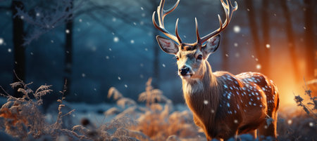 Festive snowy scene featuring snow-covered hills, a mountainous village, deer, woodland, pine trees, and reindeer. Seasonal natural backdrop with fox, elevations, and dwellingsの素材
