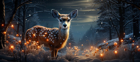 Festive snowy scene featuring snow-covered hills, a mountainous village, deer, woodland, pine trees, and reindeer. Seasonal natural backdrop with fox, elevations, and dwellingsの素材