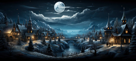 Festive snowy scene featuring snow-covered hills, a mountainous village, deer, woodland, pine trees, and reindeer. Seasonal natural backdrop with fox, elevations, and dwellingsの素材