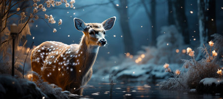 Festive snowy scene featuring snow-covered hills, a mountainous village, deer, woodland, pine trees, and reindeer. Seasonal natural backdrop with fox, elevations, and dwellingsの素材