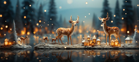 Festive snowy scene featuring snow-covered hills, a mountainous village, deer, woodland, pine trees, and reindeer. Seasonal natural backdrop with fox, elevations, and dwellingsの素材