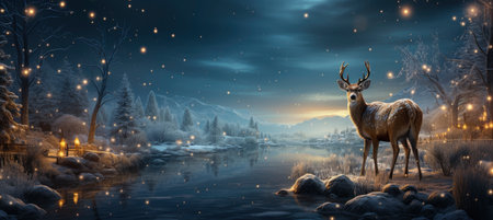 Festive snowy scene featuring snow-covered hills, a mountainous village, deer, woodland, pine trees, and reindeer. Seasonal natural backdrop with fox, elevations, and dwellingsの素材
