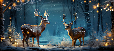Festive snowy scene featuring snow-covered hills, a mountainous village, deer, woodland, pine trees, and reindeer. Seasonal natural backdrop with fox, elevations, and dwellingsの素材