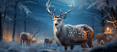 Festive snowy scene featuring snow-covered hills, a mountainous village, deer, woodland, pine trees, and reindeer. Seasonal natural backdrop with fox, elevations, and dwellingsの素材