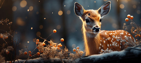 Festive snowy scene featuring snow-covered hills, a mountainous village, deer, woodland, pine trees, and reindeer. Seasonal natural backdrop with fox, elevations, and dwellingsの素材
